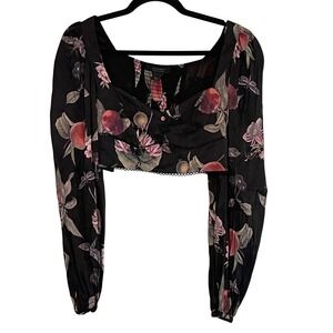 AllSaints Ria Soleil Top Black Floral Linen Silk Crop Blouse US 6 UK 10 WM220W